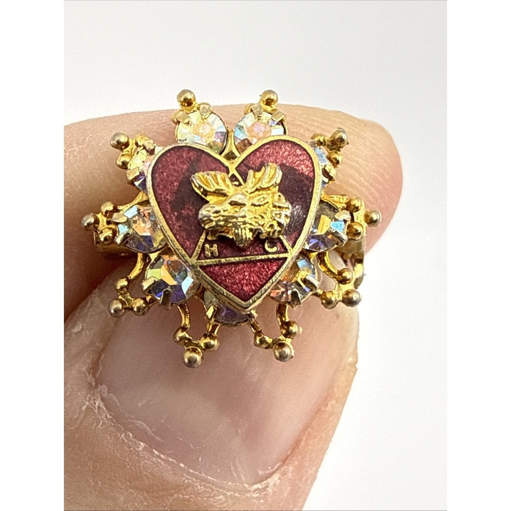 Women's Loyal Order Of Moose Brooch AB Rhinestones  .5" Rivet Goldtone Red Heart